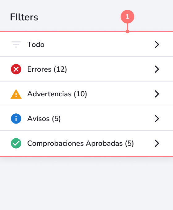 Los informes muestran los valores actuales y recomendados para cada métrica categorizada por factores de optimización relacionados con metadatos, contenido de texto, experiencia del usuario, etc.