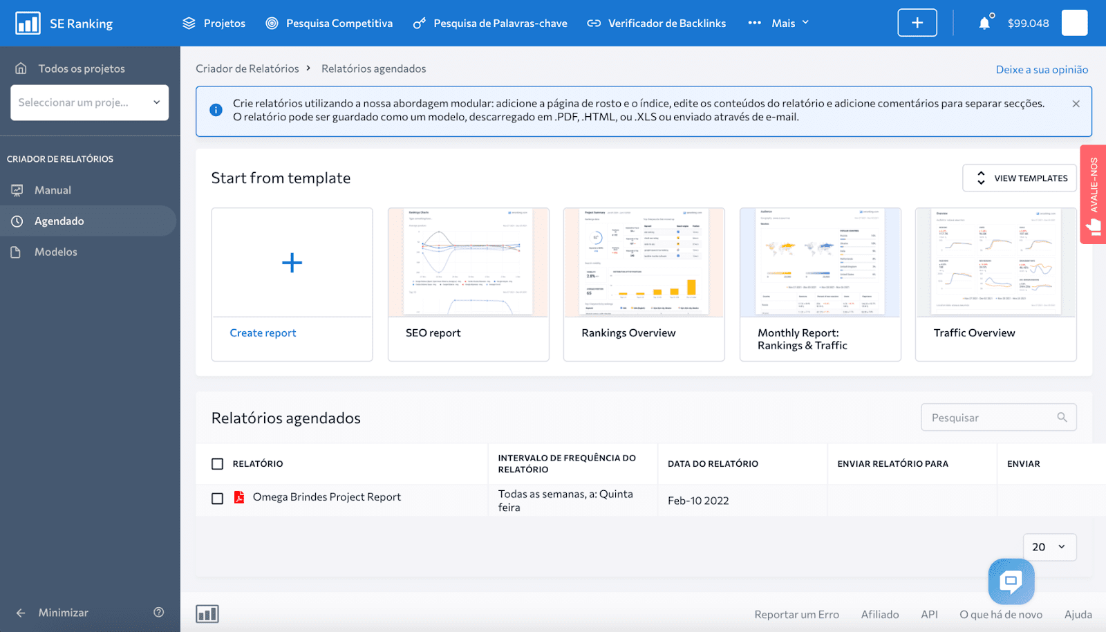 Automated reporting with SE Ranking