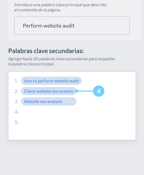 Añade 1 palabra clave principal y hasta 30 secundarias